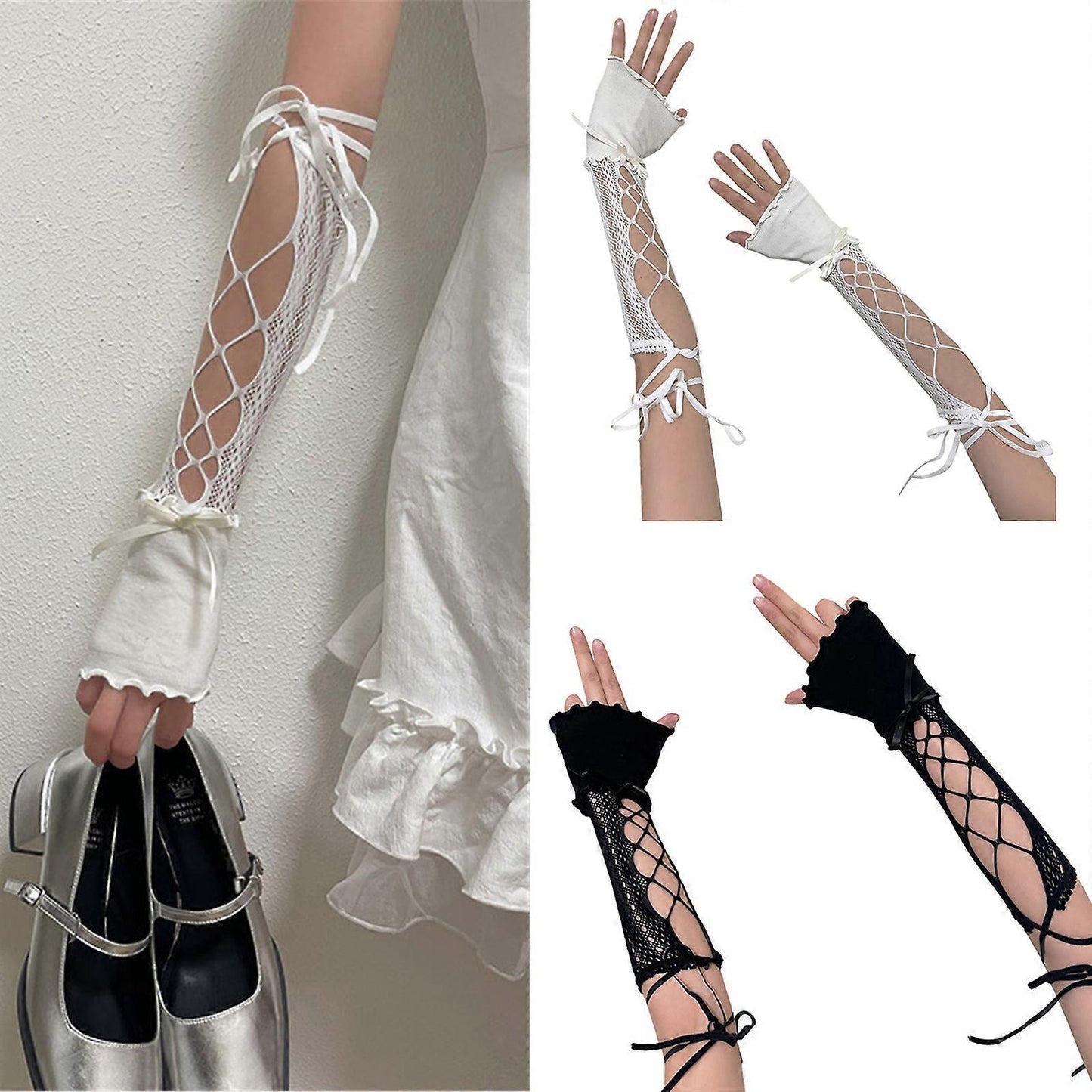 Half Finger Lace Arm Sleeves Decorative Hollow Design Black V1263-JX-5646