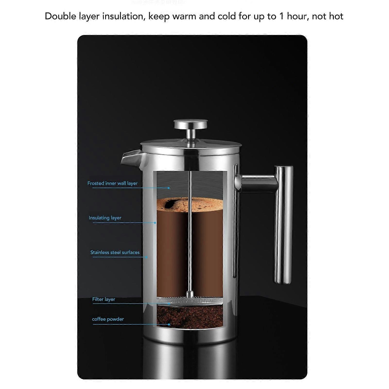 1000ml Stainless Steel Double Layer French Press Coffee Pot for Home Travel V1263-JX-5668