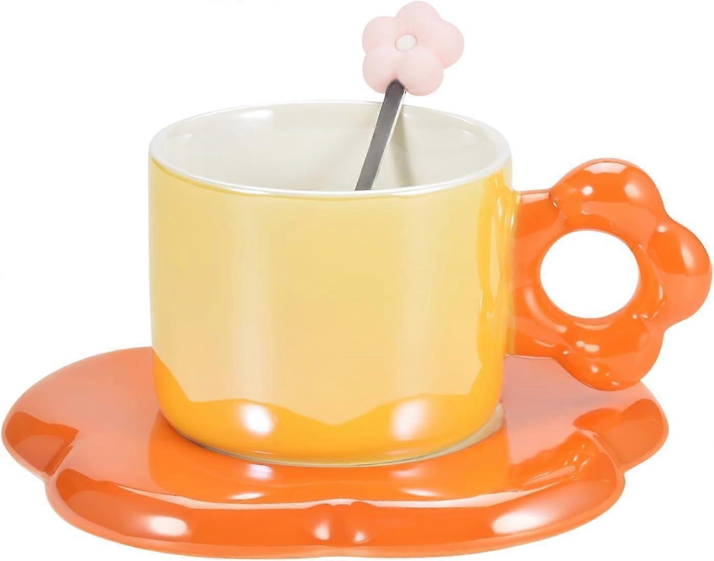 Ceramic Coffee Cup & Saucer Set Flower Mug Demitasse 10oz Pearl Orange V1263-JX-5671