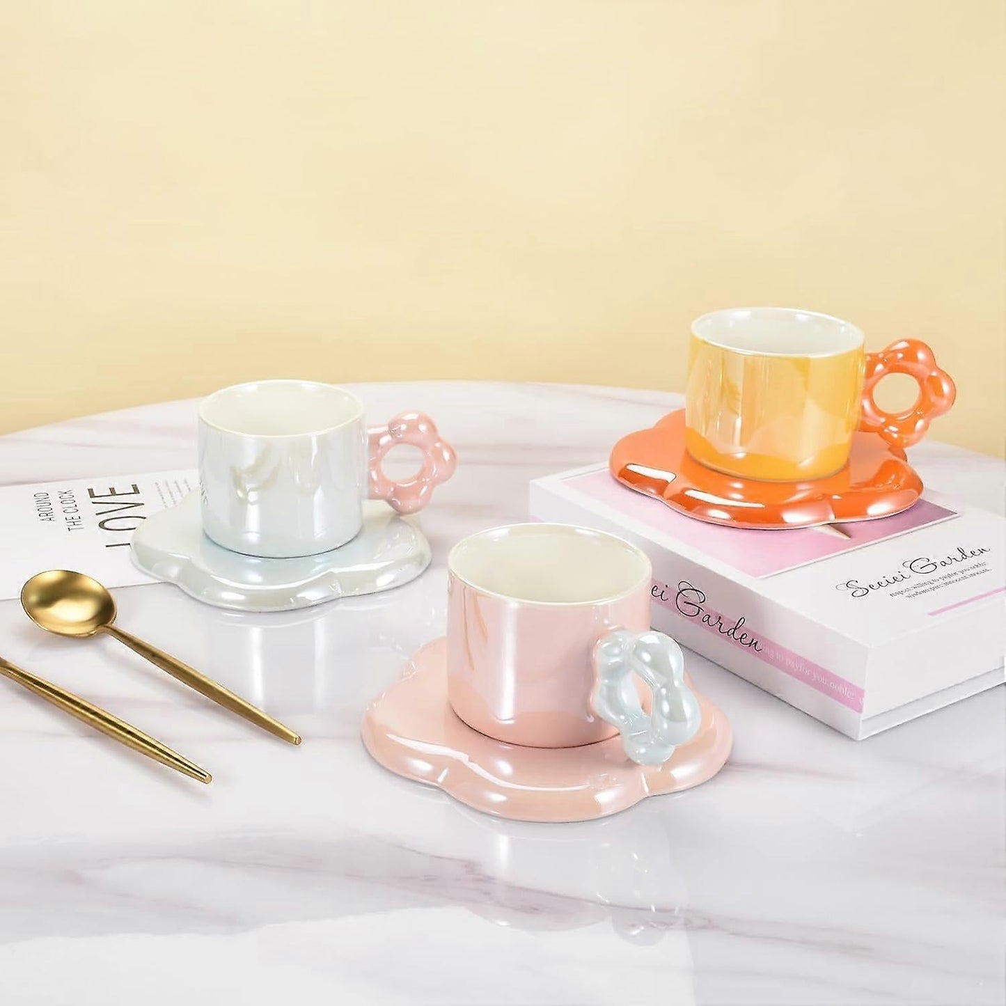 Ceramic Coffee Cup & Saucer Set Flower Mug Demitasse 10oz Pearl Orange V1263-JX-5671