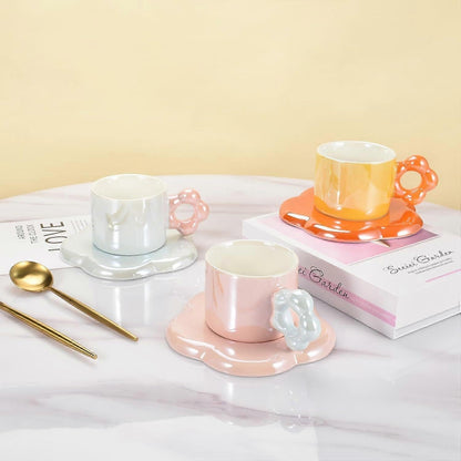 Ceramic Coffee Cup & Saucer Set Flower Mug Demitasse 10oz Pearl Orange V1263-JX-5671