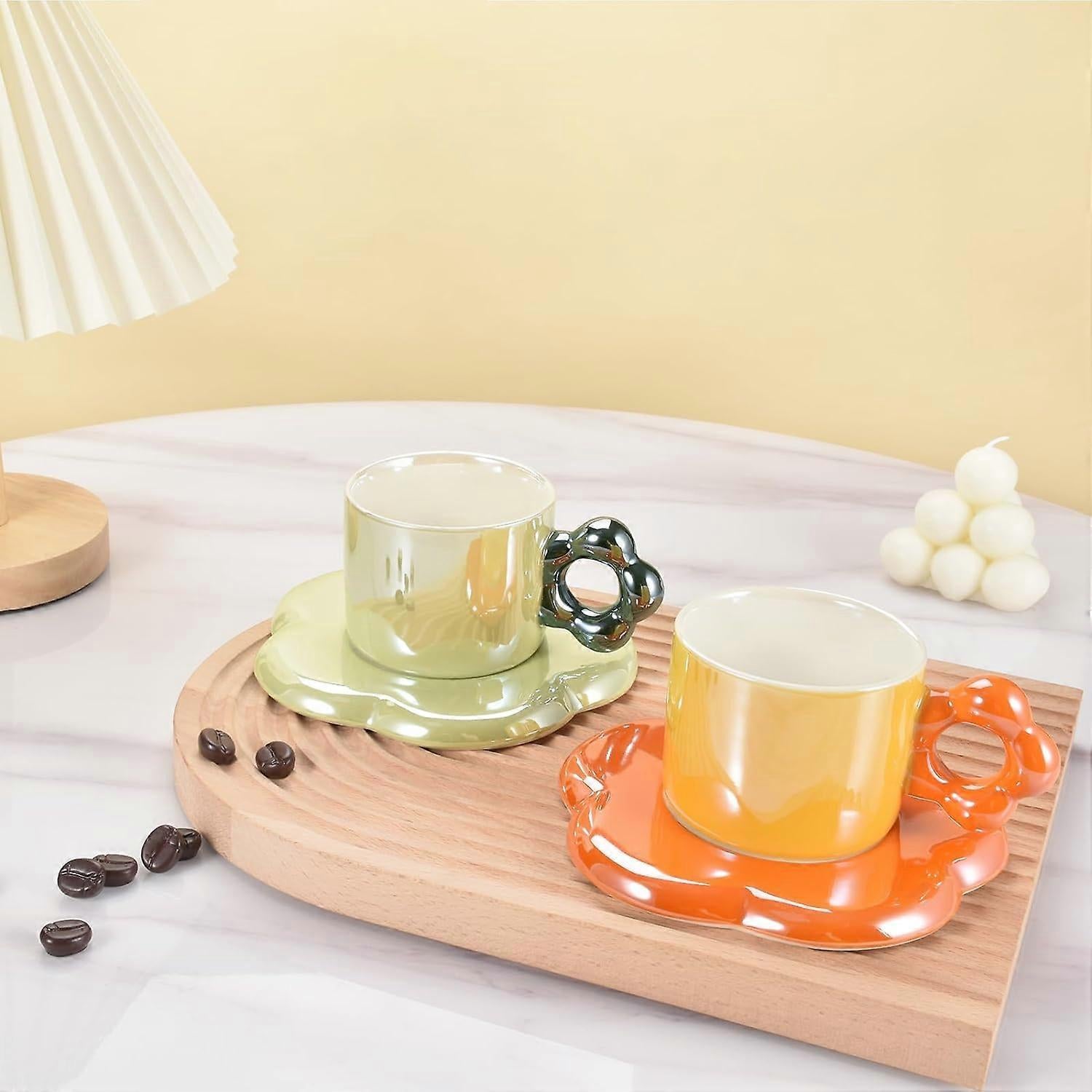 Ceramic Coffee Cup & Saucer Set Flower Mug Demitasse 10oz Pearl Orange V1263-JX-5671