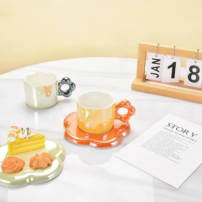 Ceramic Coffee Cup & Saucer Set Flower Mug Demitasse 10oz Pearl Orange V1263-JX-5671