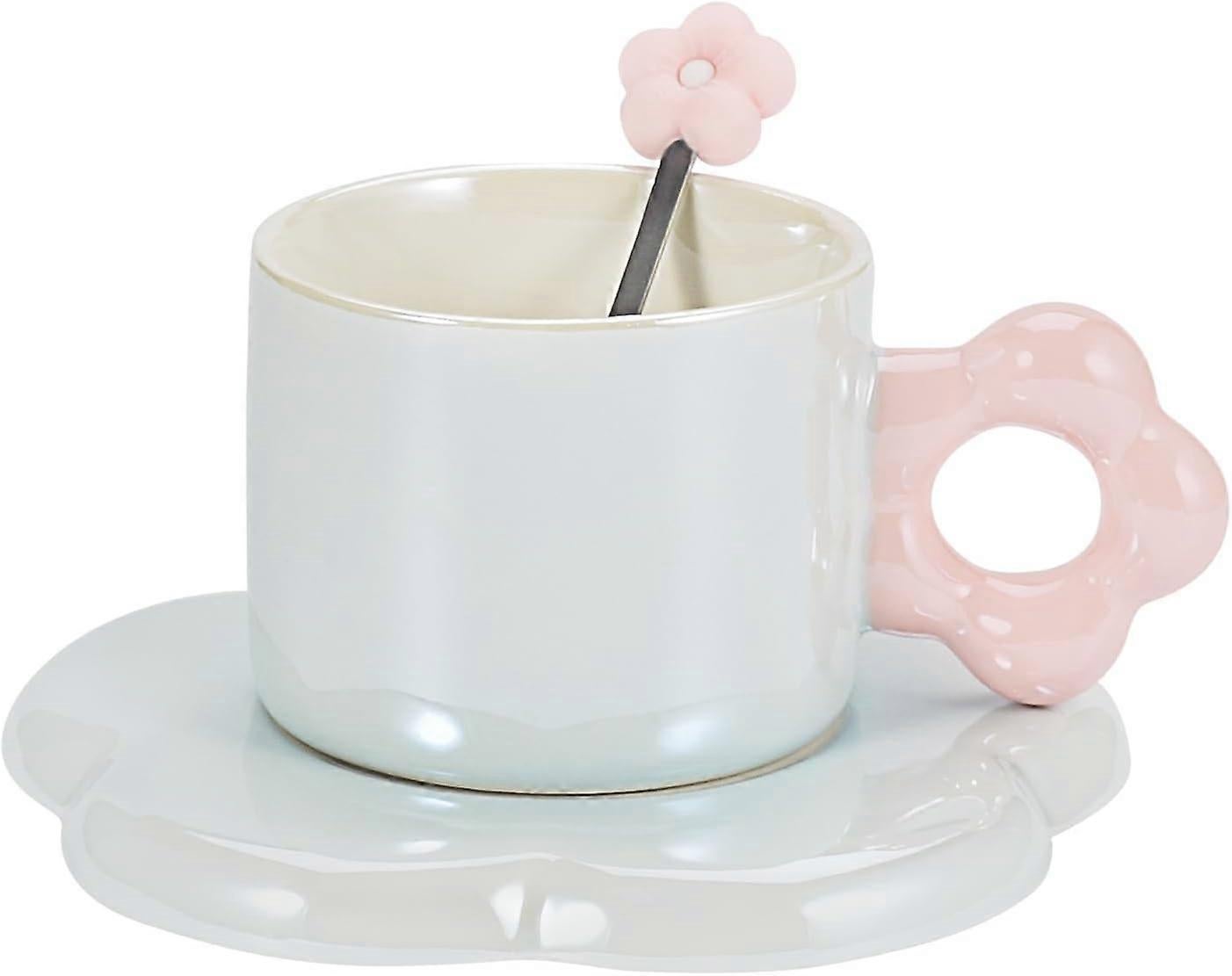 Ceramic Coffee Cup & Saucer Set Flower Mug Demitasse 10oz Pearl Blue V1263-JX-5674