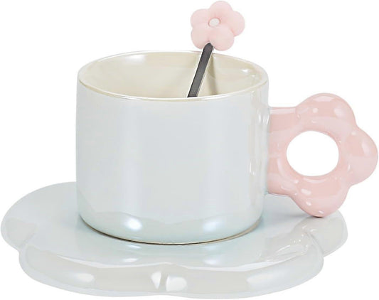 Ceramic Coffee Cup & Saucer Set Flower Mug Demitasse 10oz Pearl Blue V1263-JX-5674