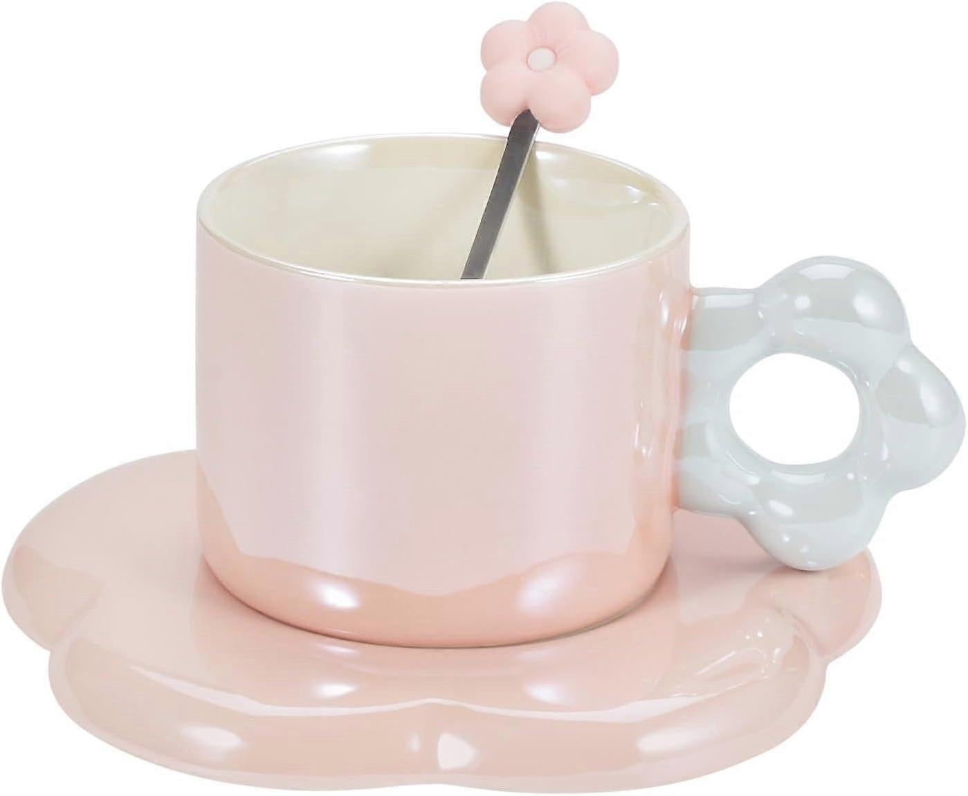 Ceramic Coffee Cup & Saucer Set Flower Mug Demitasse 10oz Pearl Pink V1263-JX-5675