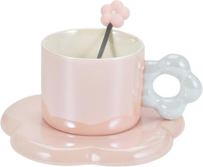 Ceramic Coffee Cup & Saucer Set Flower Mug Demitasse 10oz Pearl Pink V1263-JX-5675