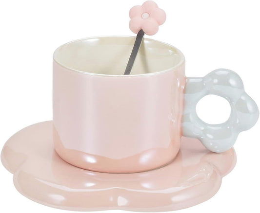 Ceramic Coffee Cup & Saucer Set Flower Mug Demitasse 10oz Pearl Pink V1263-JX-5675