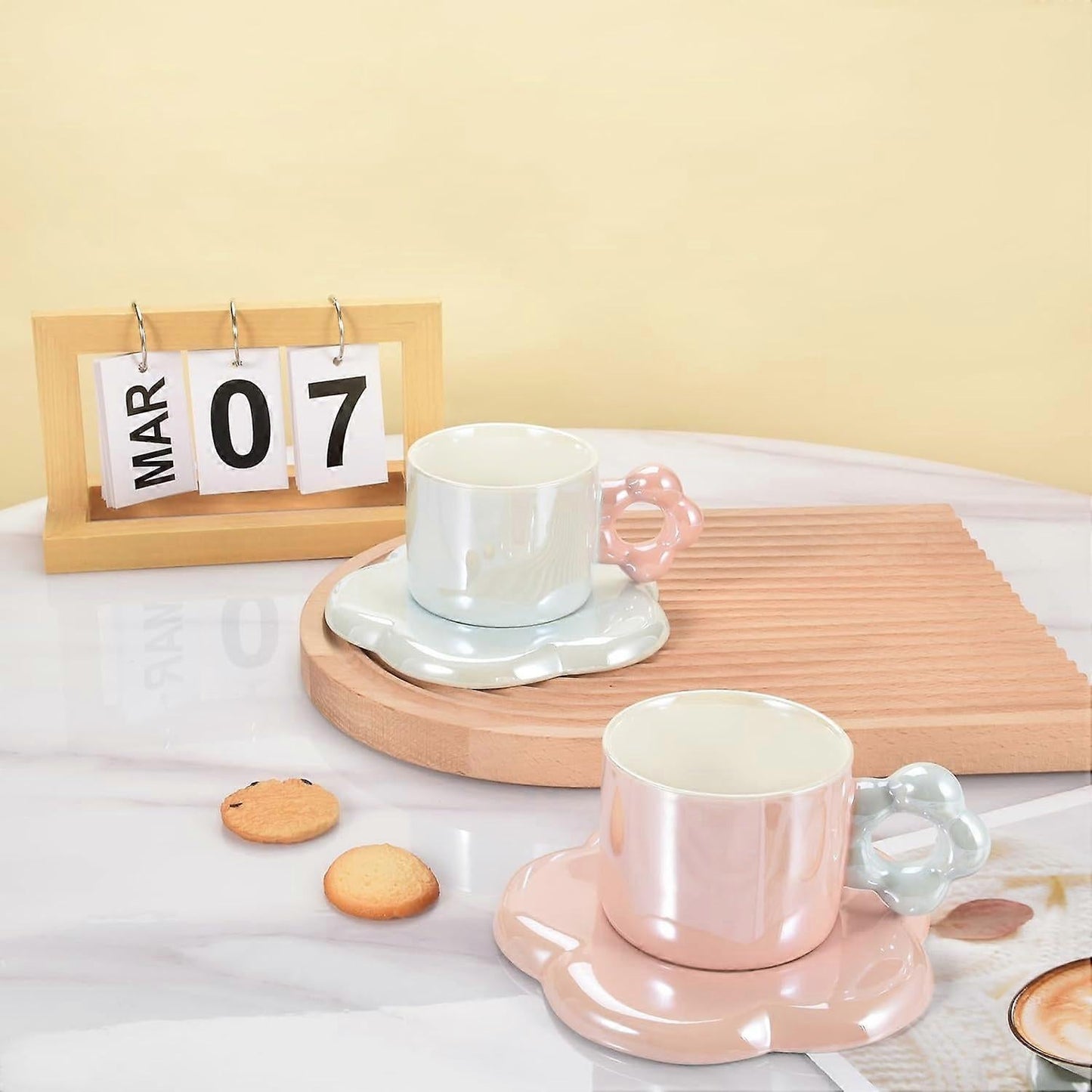 Ceramic Coffee Cup & Saucer Set Flower Mug Demitasse 10oz Pearl Pink V1263-JX-5675