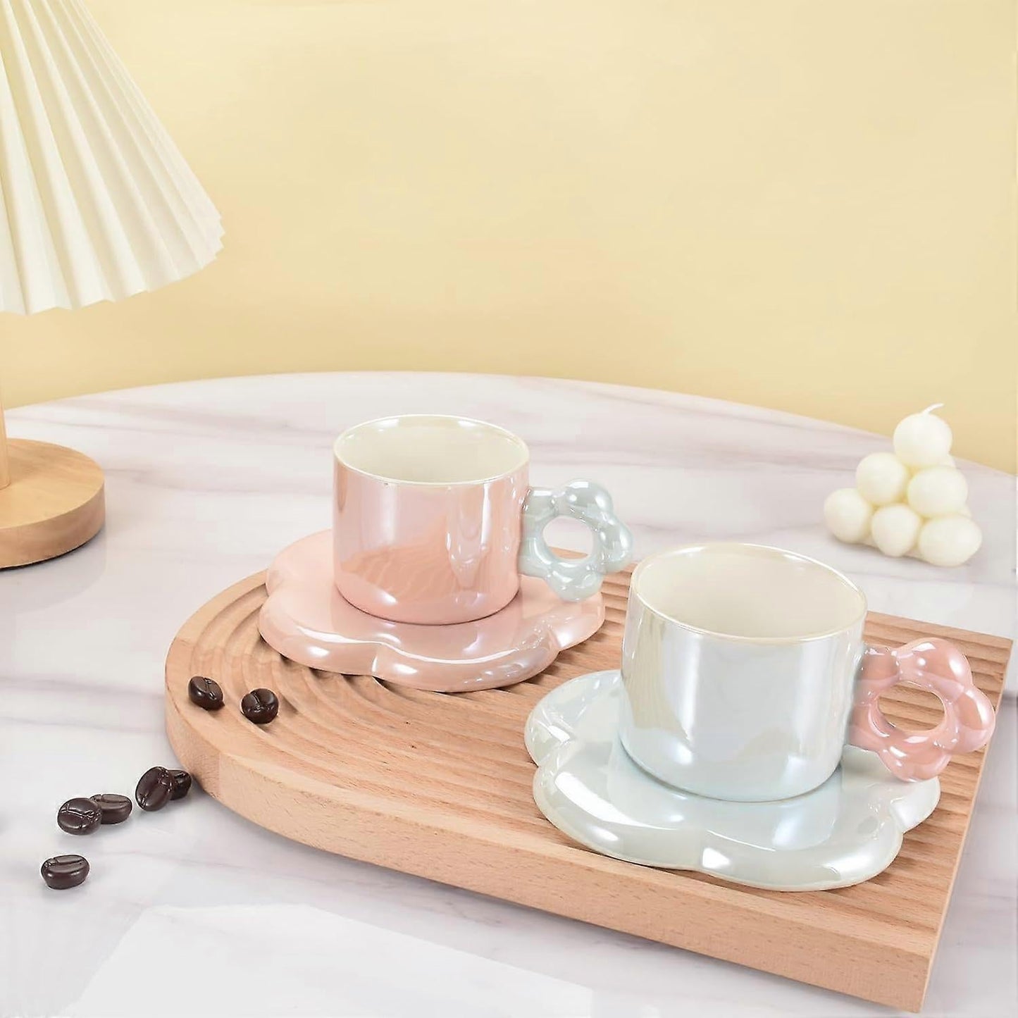 Ceramic Coffee Cup & Saucer Set Flower Mug Demitasse 10oz Pearl Pink V1263-JX-5675