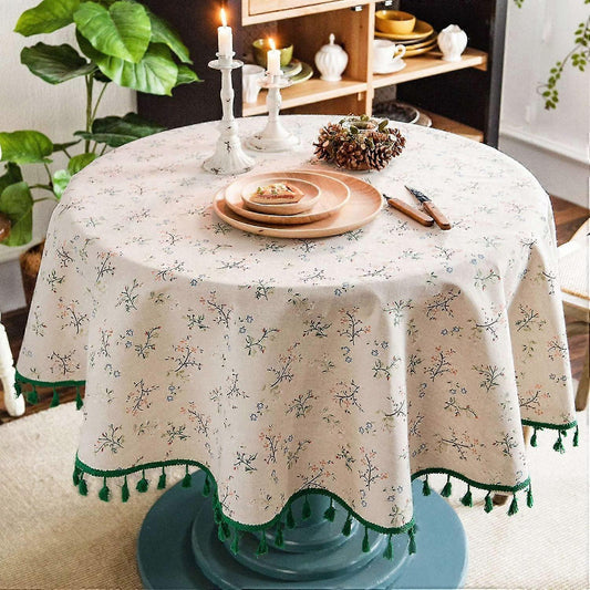 150cm Floral Printed Cotton Linen Round Tablecloth, Washable Fringed Round Table Cloth, Small Round Stain V1263-JX-5771