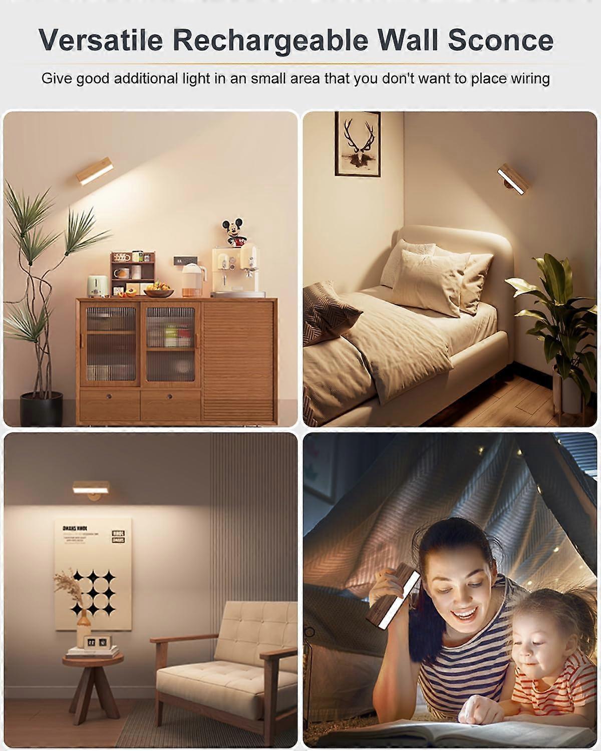 Battery Operated Wall Sconces Set of 2, Rechargeable Wood Wall Lights, Stick On V1263-JX-5776
