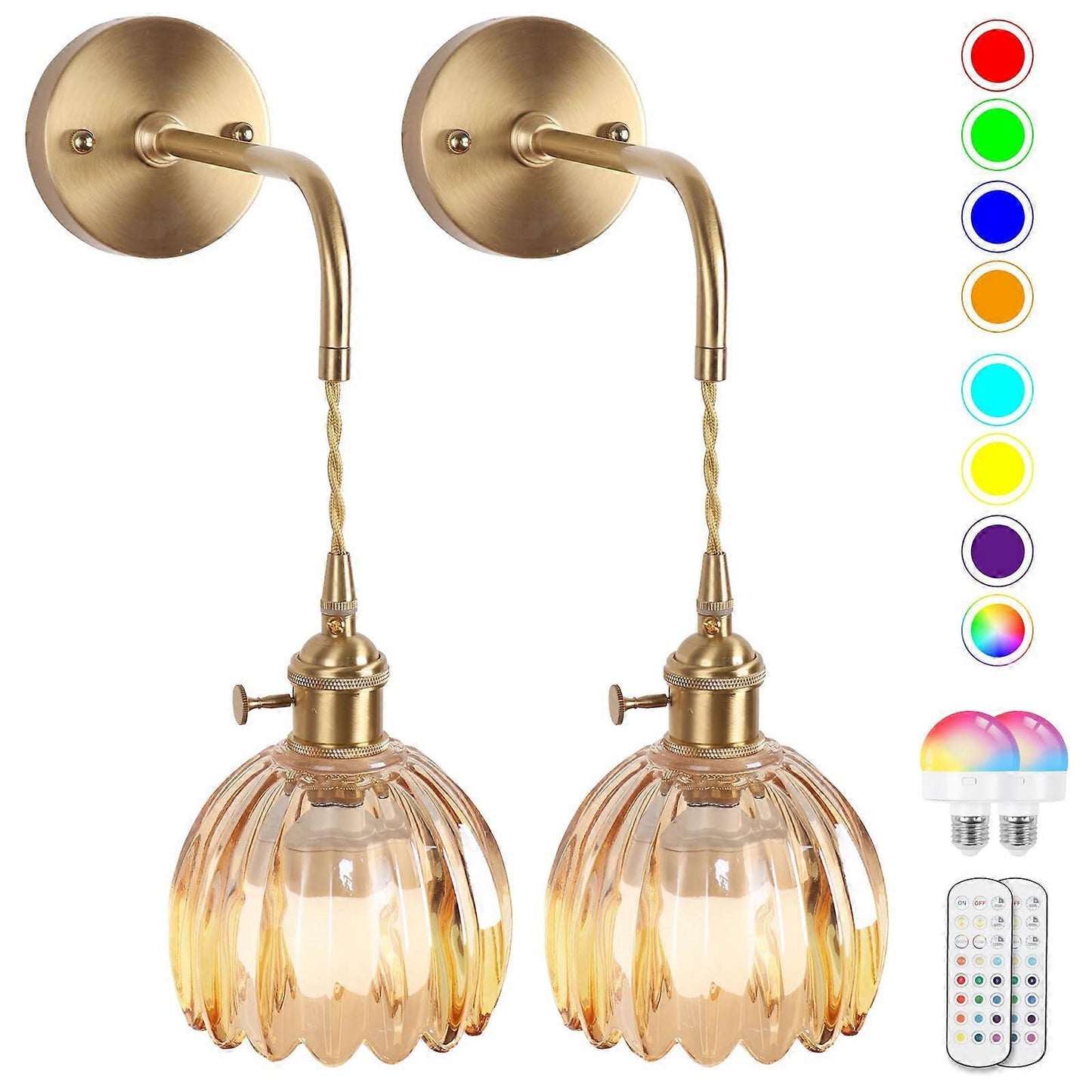Battery Operated Wall Sconces Set of 2, Vintage Amber Glass, Rechargeable, Remote Dimmable V1263-JX-5779