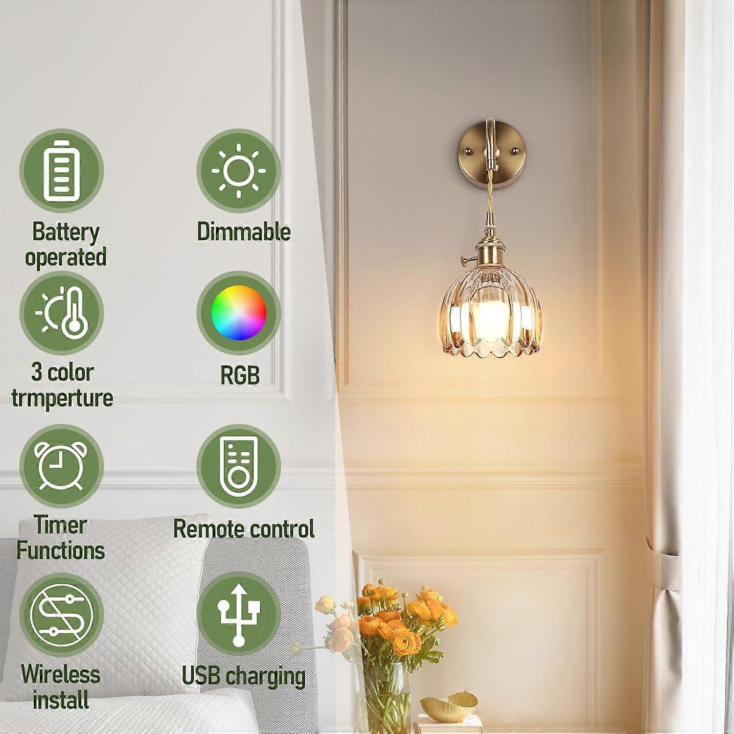 Battery Operated Wall Sconces Set of 2, Vintage Amber Glass, Rechargeable, Remote Dimmable V1263-JX-5779