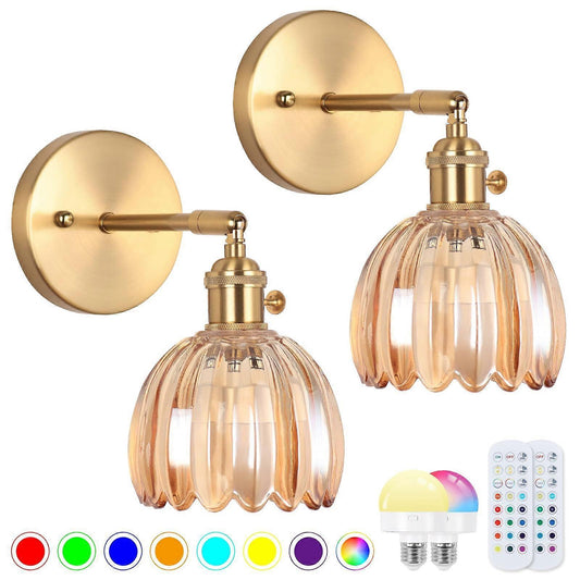 Battery Operated Wall Sconce Set of 2, Vintage Gold Amber Glass, Rechargeable LED, Remote V1263-JX-5780