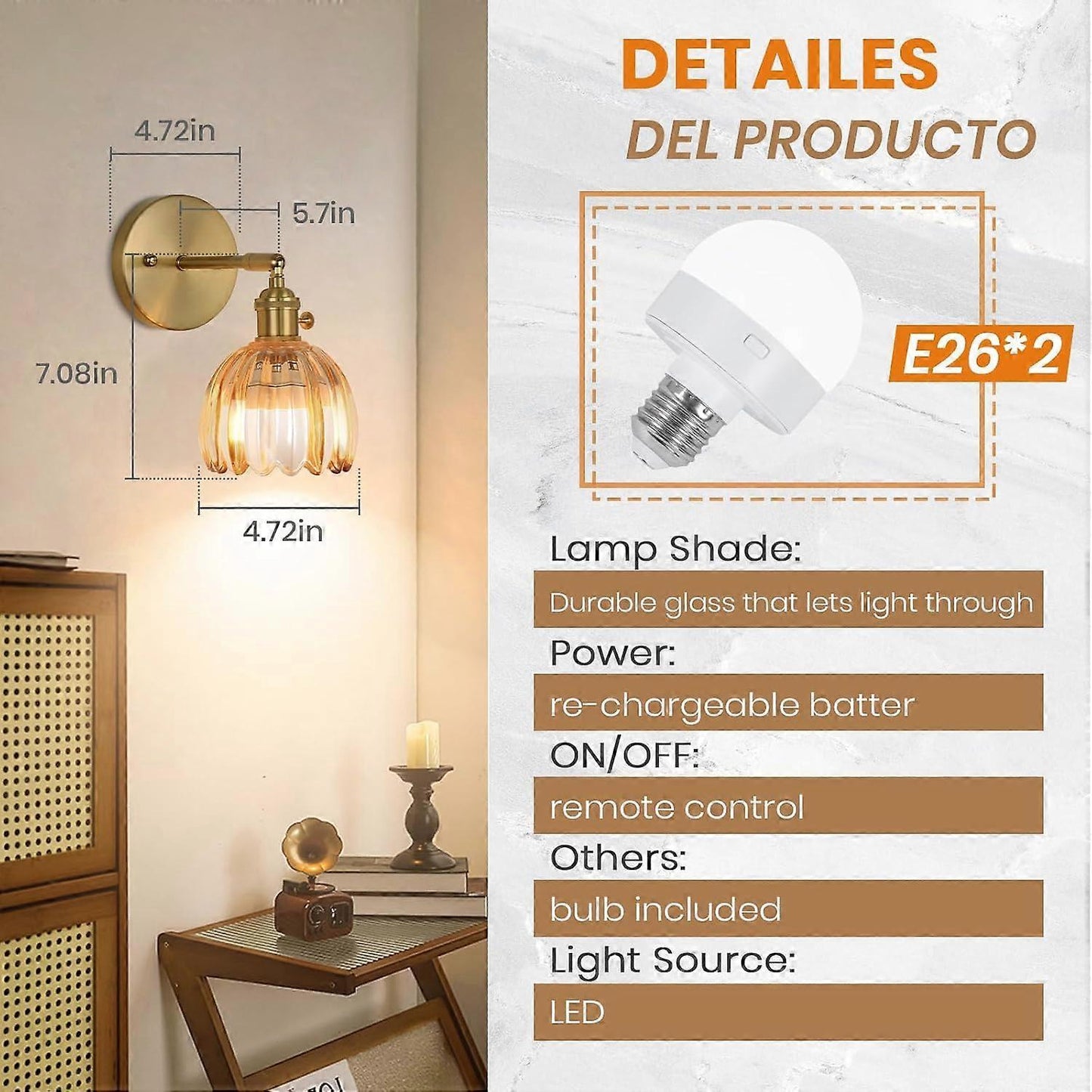 Battery Operated Wall Sconce Set of 2, Vintage Gold Amber Glass, Rechargeable LED, Remote V1263-JX-5780