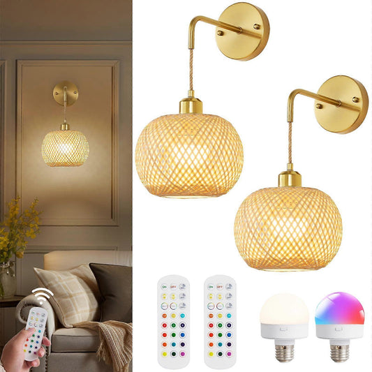 Battery Operated Wall Sconce Set of 2, Rechargeable Rattan RGB Light, Remote, Bedroom V1263-JX-5782