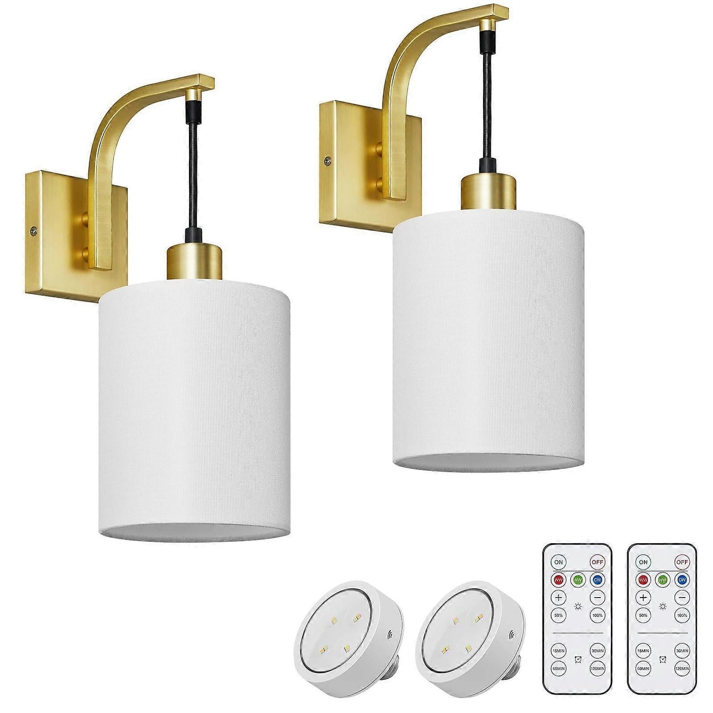 Battery Operated Wall Sconces Set of 2, Dimmable Wireless LED Lights, Remote, Gold V1263-JX-5783