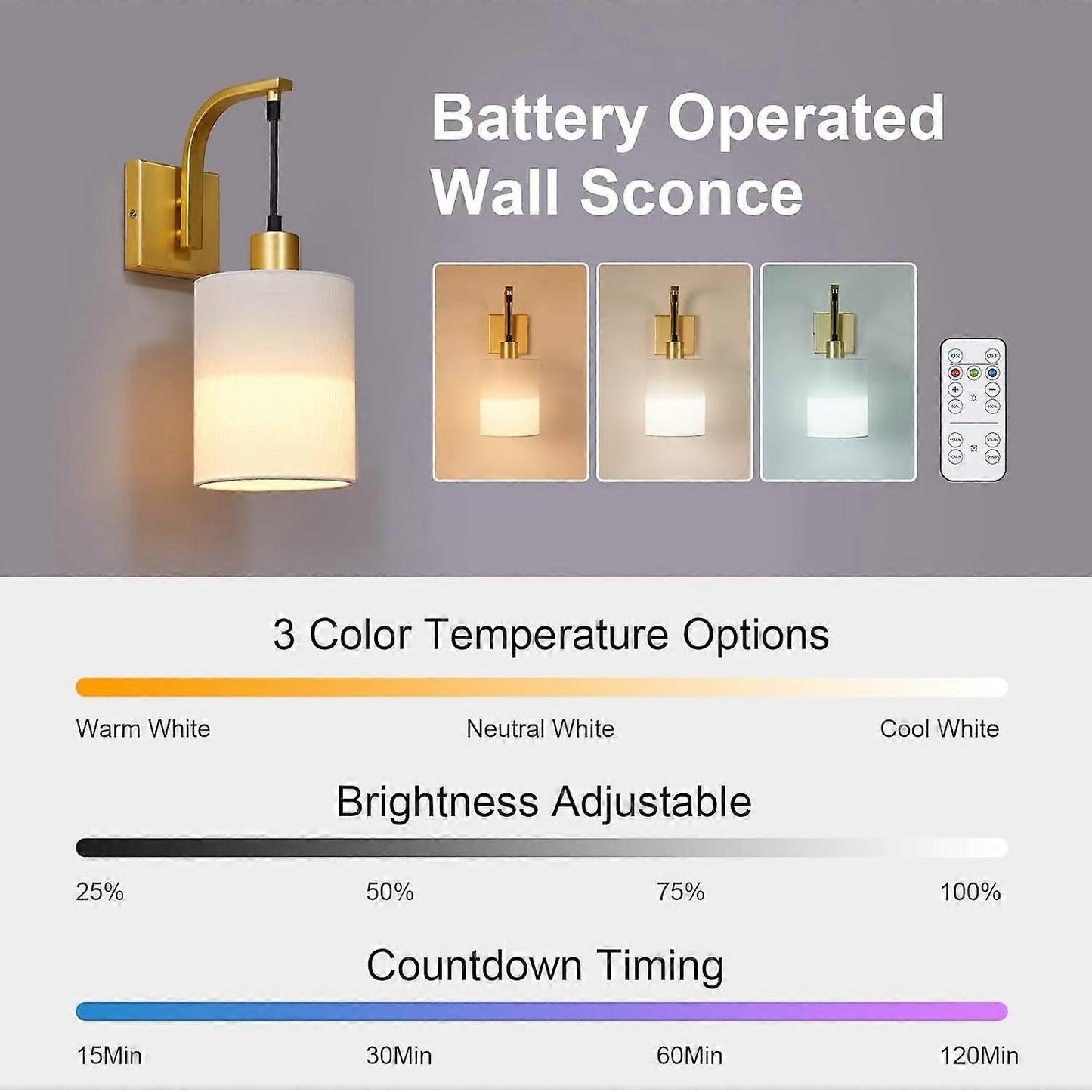 Battery Operated Wall Sconces Set of 2, Dimmable Wireless LED Lights, Remote, Gold V1263-JX-5783