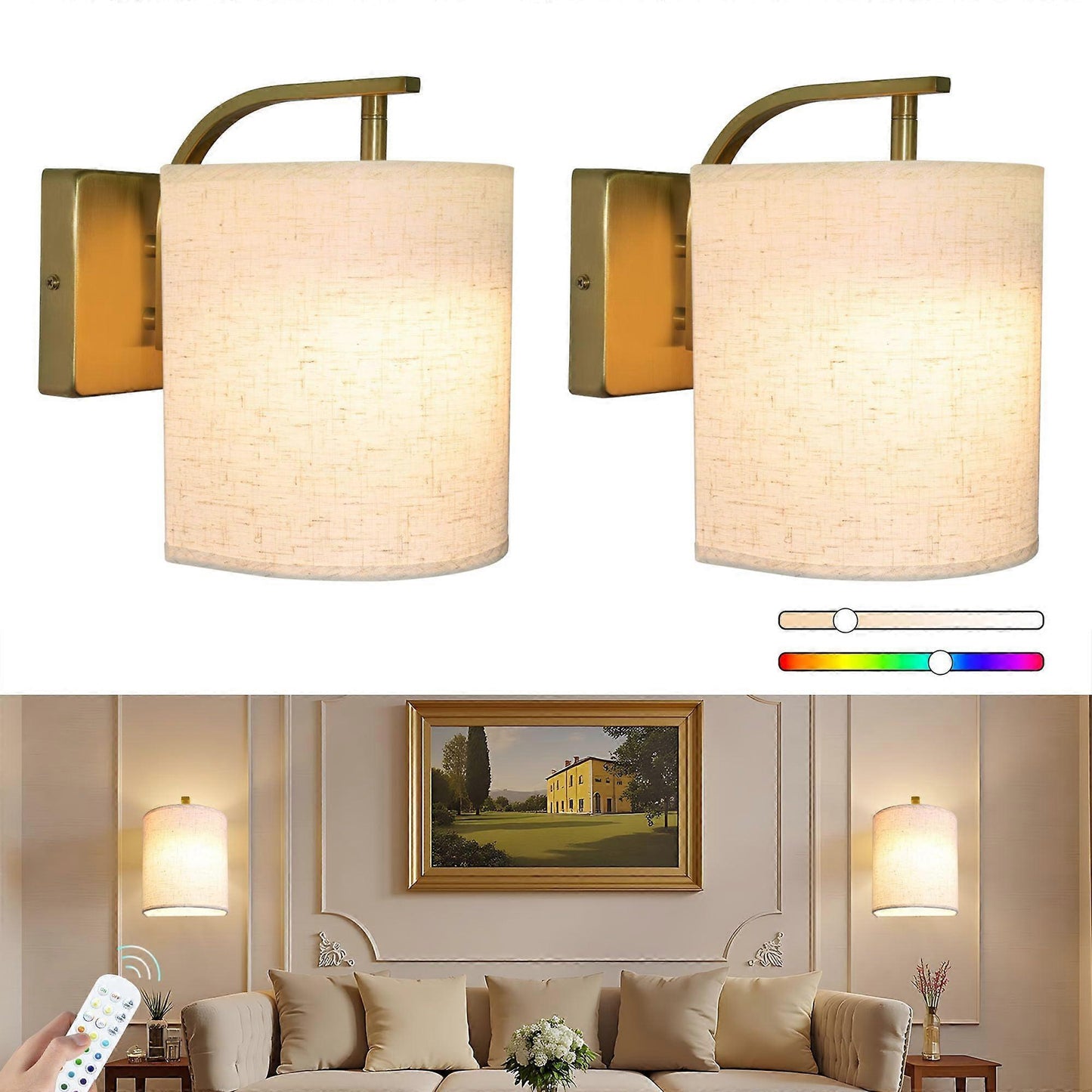 Battery Operated Wall Sconces Set of 2, Rechargeable LED Lights, Remote, 12 RGB Colors, Gold V1263-JX-5785