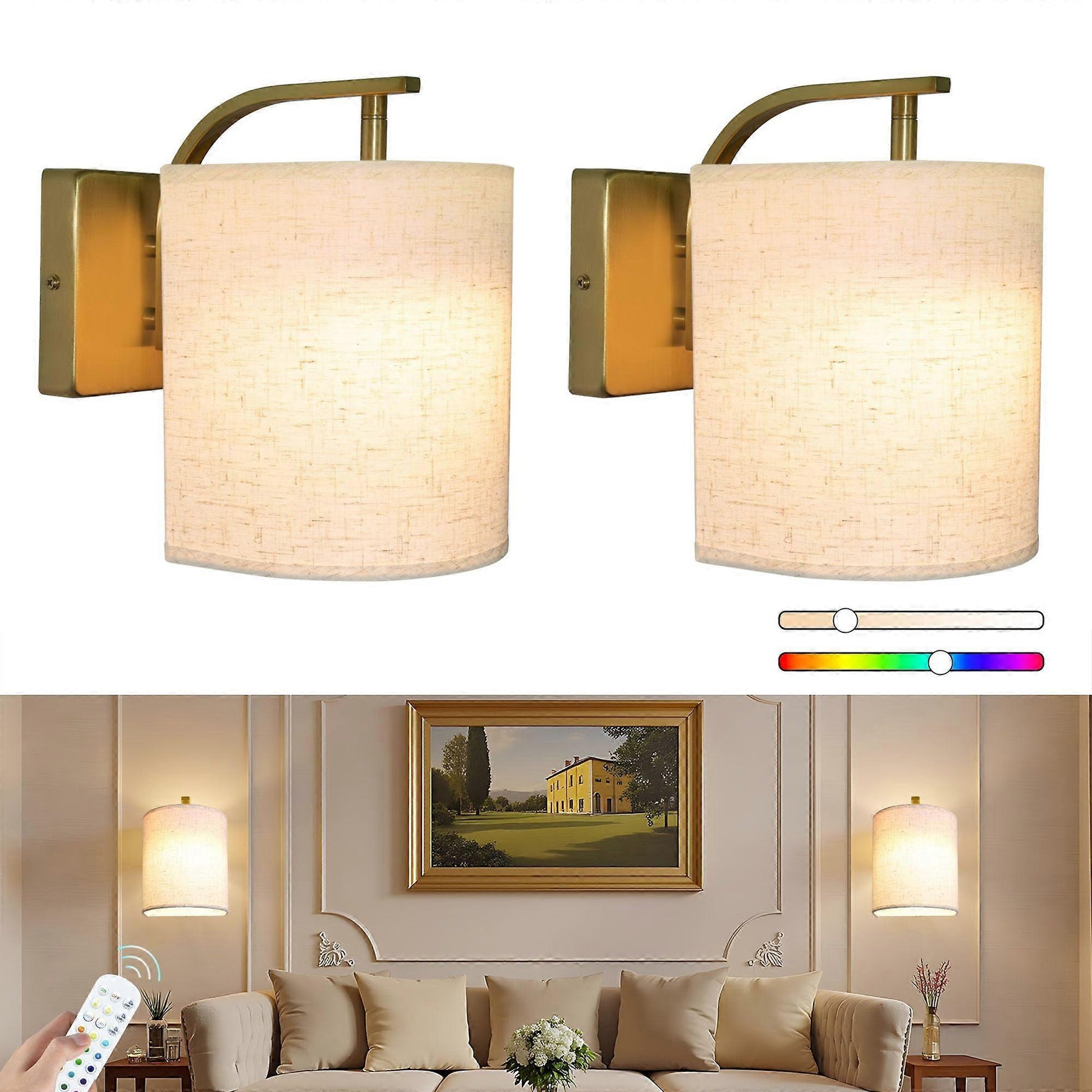 Battery Operated Wall Sconces Set of 2, Rechargeable LED Lights, Remote, 12 RGB Colors, Gold V1263-JX-5785