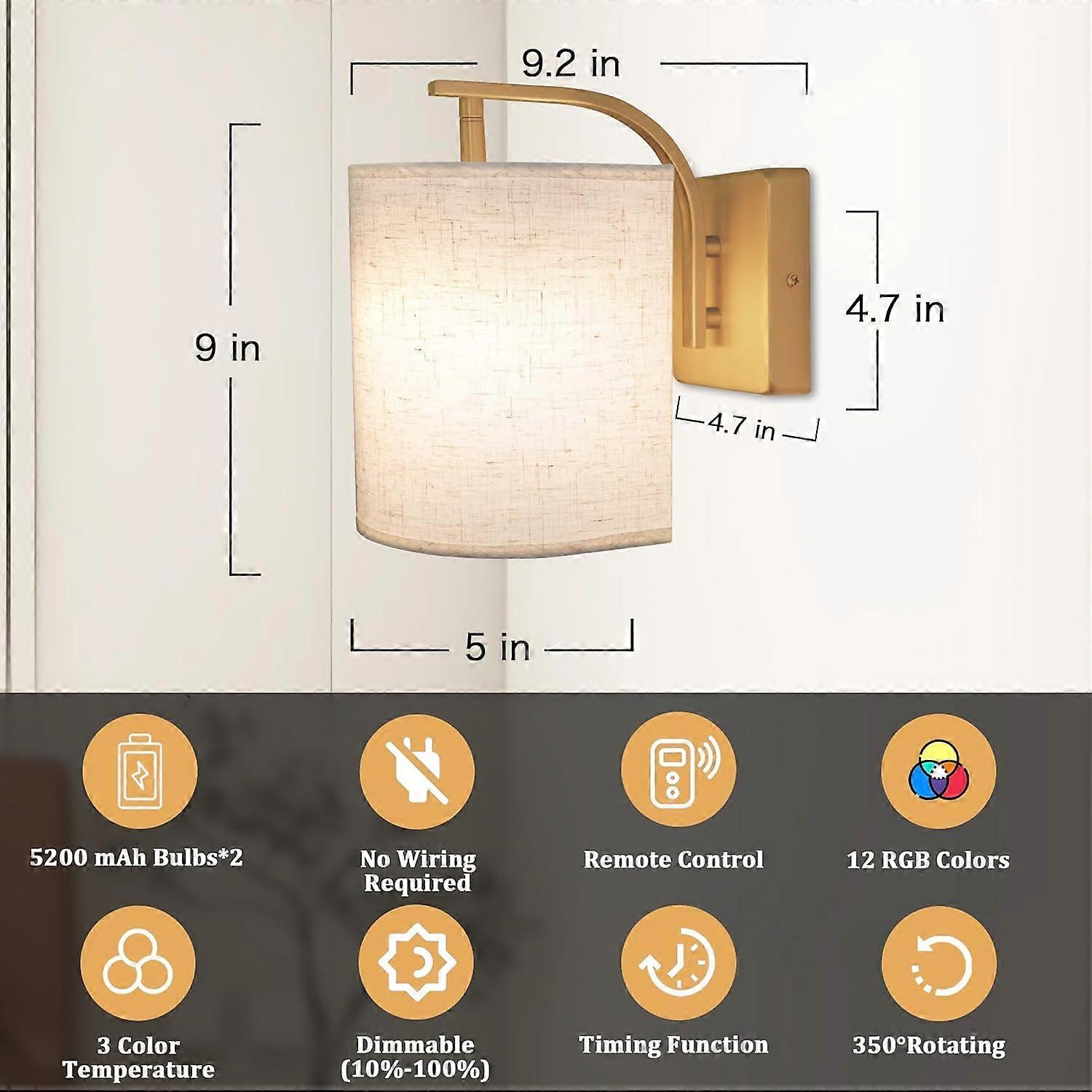 Battery Operated Wall Sconces Set of 2, Rechargeable LED Lights, Remote, 12 RGB Colors, Gold V1263-JX-5785
