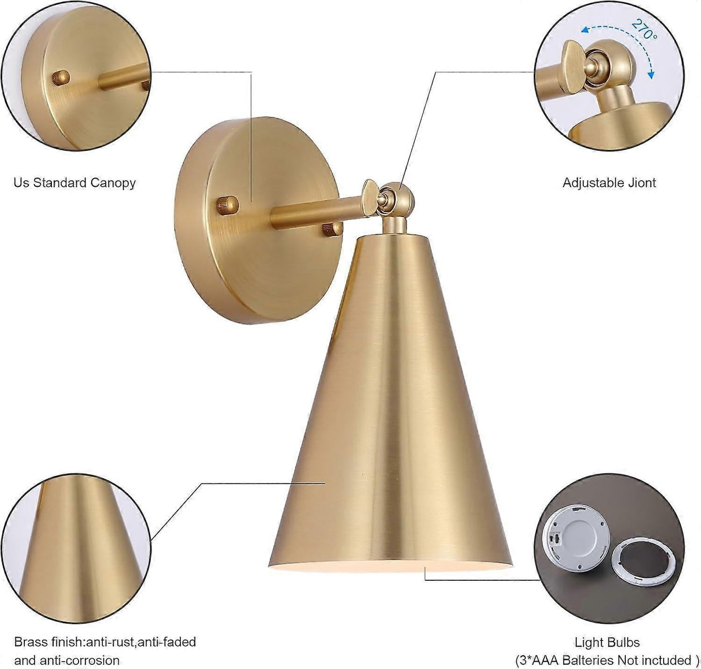 Modern Gold Battery Operated Wall Sconces Set of 2, Remote Dimming, Dual Color, Adjustable V1263-JX-5787