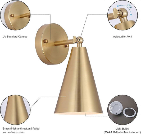 Modern Gold Battery Operated Wall Sconces Set of 2, Remote Dimming, Dual Color, Adjustable V1263-JX-5787