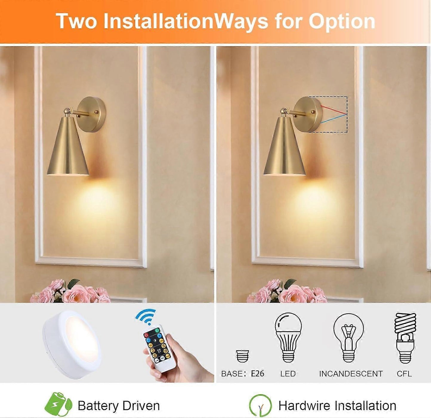 Modern Gold Battery Operated Wall Sconces Set of 2, Remote Dimming, Dual Color, Adjustable V1263-JX-5787