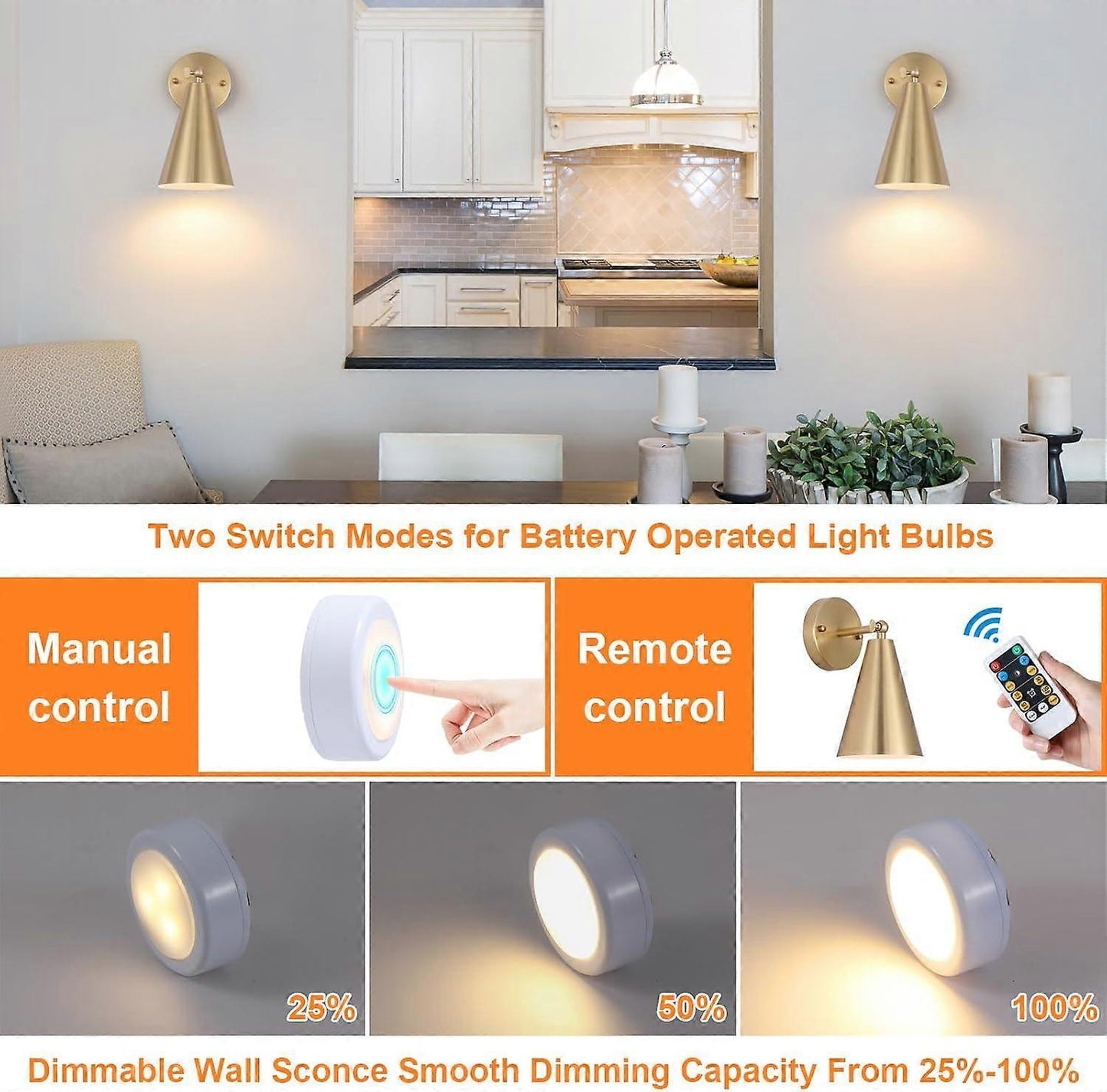Modern Gold Battery Operated Wall Sconces Set of 2, Remote Dimming, Dual Color, Adjustable V1263-JX-5787
