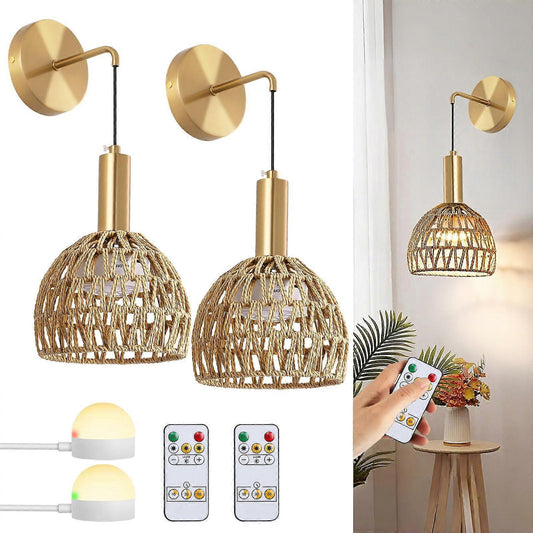 Battery Operated Wall Sconce Set of 2, Rechargeable Rattan LED, Remote, 3 Color Dimmable V1263-JX-5788