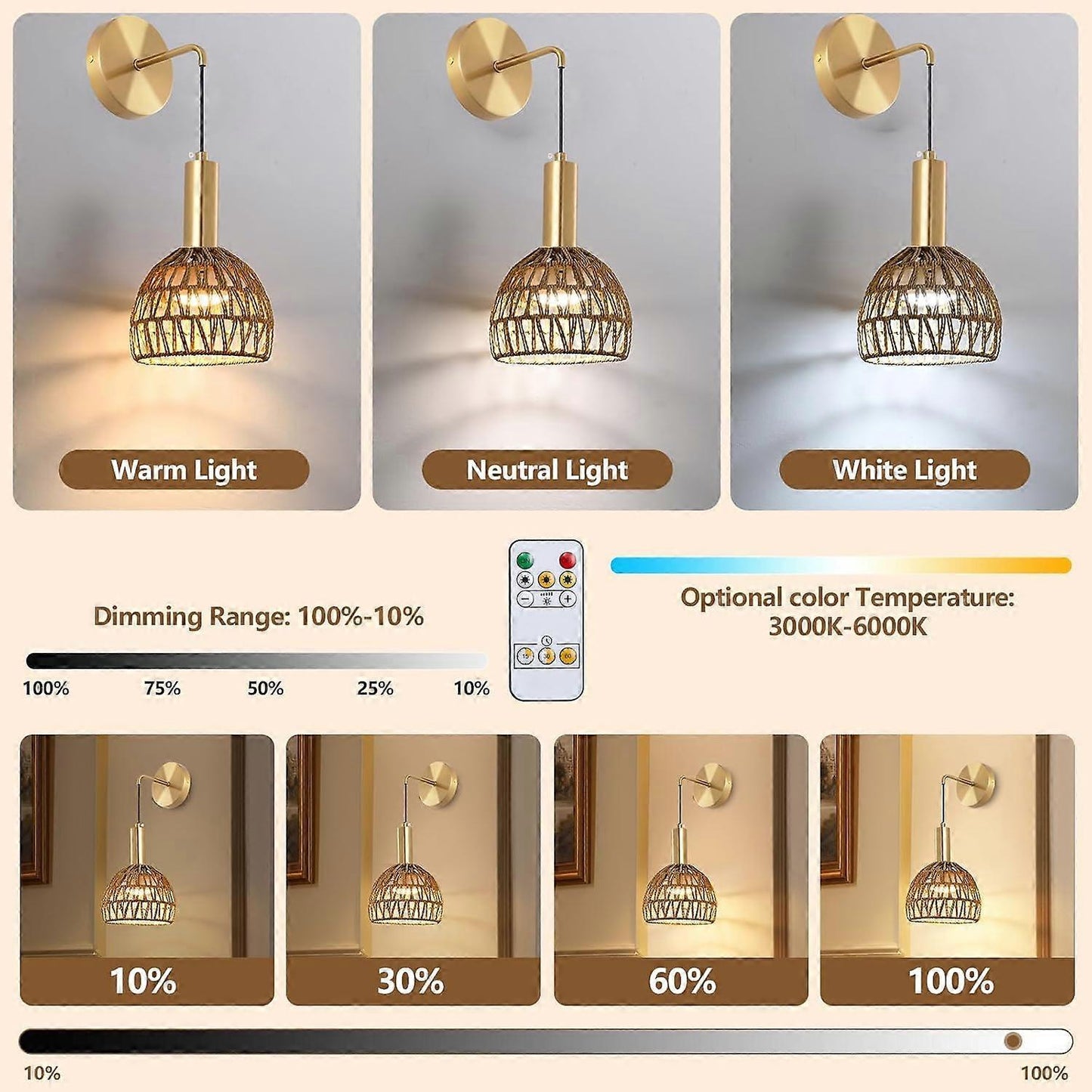 Battery Operated Wall Sconce Set of 2, Rechargeable Rattan LED, Remote, 3 Color Dimmable V1263-JX-5788