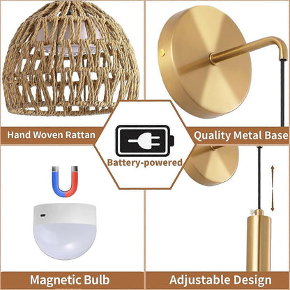 Battery Operated Wall Sconce Set of 2, Rechargeable Rattan LED, Remote, 3 Color Dimmable V1263-JX-5788