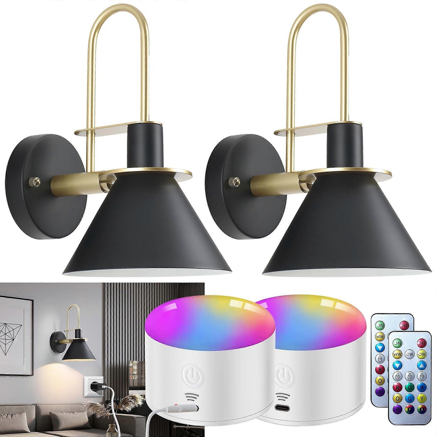 Battery Operated Wall Sconces Set of 2, RGB Wireless LED, Remote, 10000mAh, Black V1263-JX-5789