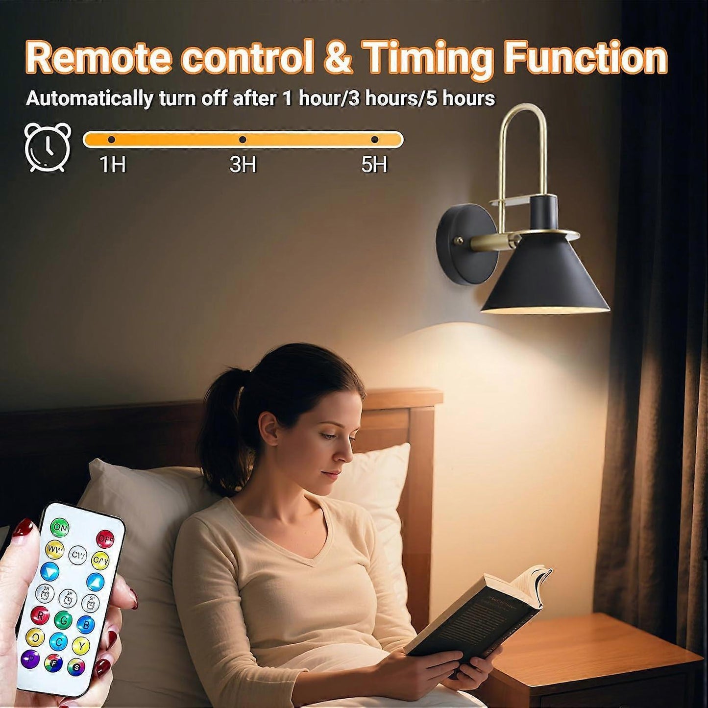 Battery Operated Wall Sconces Set of 2, RGB Wireless LED, Remote, 10000mAh, Black V1263-JX-5789