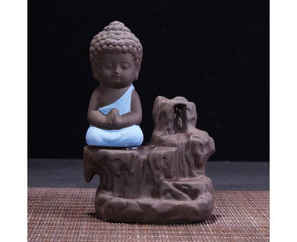 Porcelain Clay Little Buddha Censer Backflow Incense Burner Holder Ornament-Blue V1263-JX-579