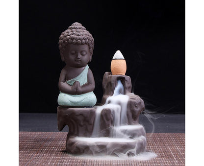 Porcelain Clay Little Buddha Censer Backflow Incense Burner Holder Ornament-Blue V1263-JX-579