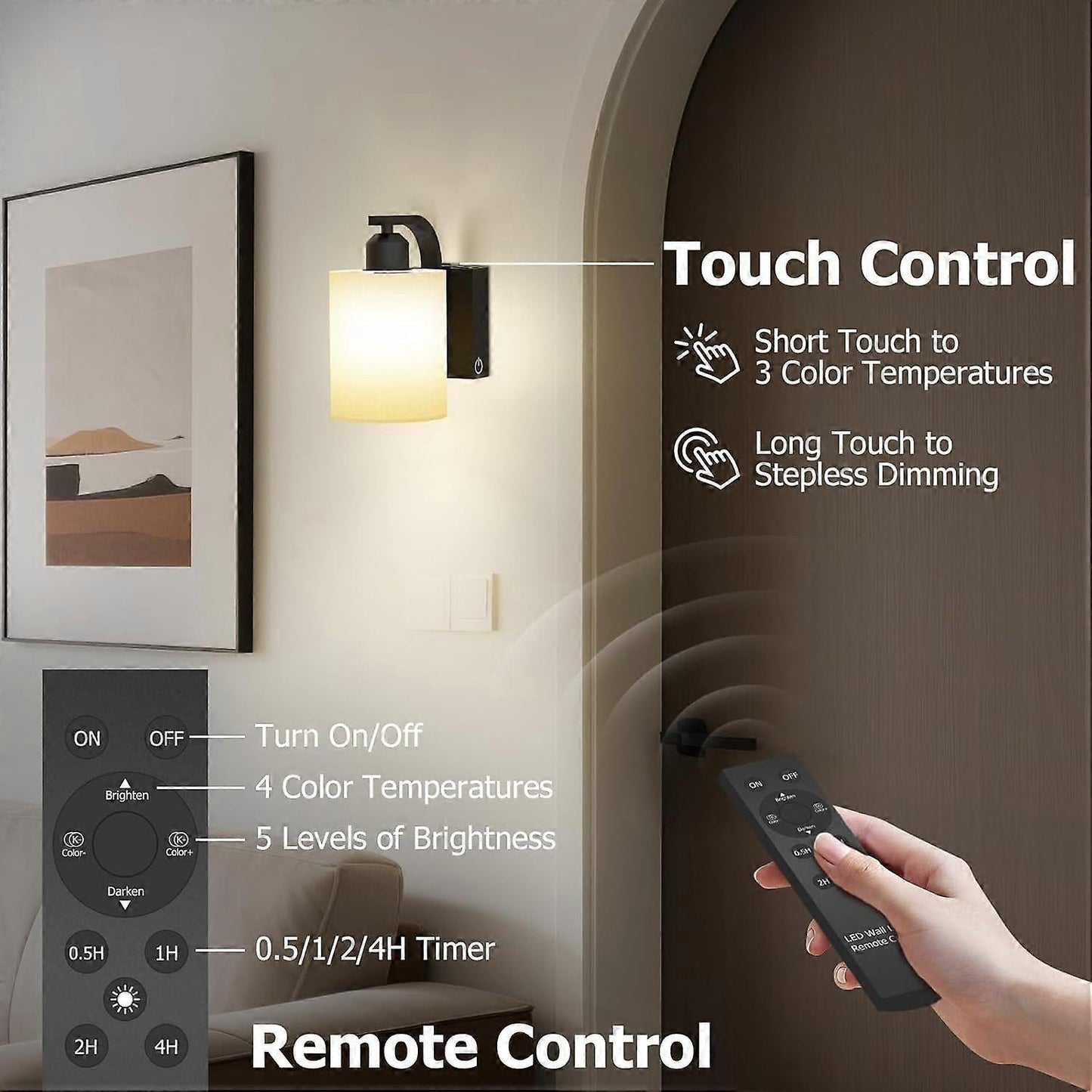 Battery Operated Wall Sconces Set of 2, Rechargeable LED, Touch & Remote Control, Black V1263-JX-5790