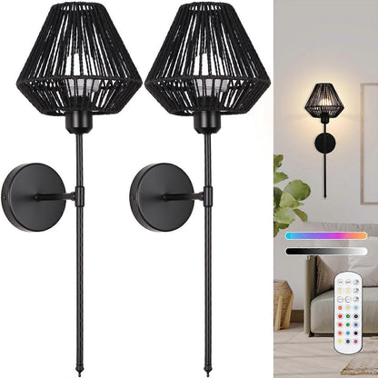 Battery Operated Wall Sconces Set of 2, Boho Rattan LED, Rechargeable, Remote, RGB Dimmable V1263-JX-5791