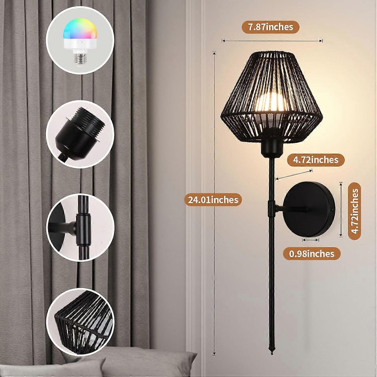Battery Operated Wall Sconces Set of 2, Boho Rattan LED, Rechargeable, Remote, RGB Dimmable V1263-JX-5791