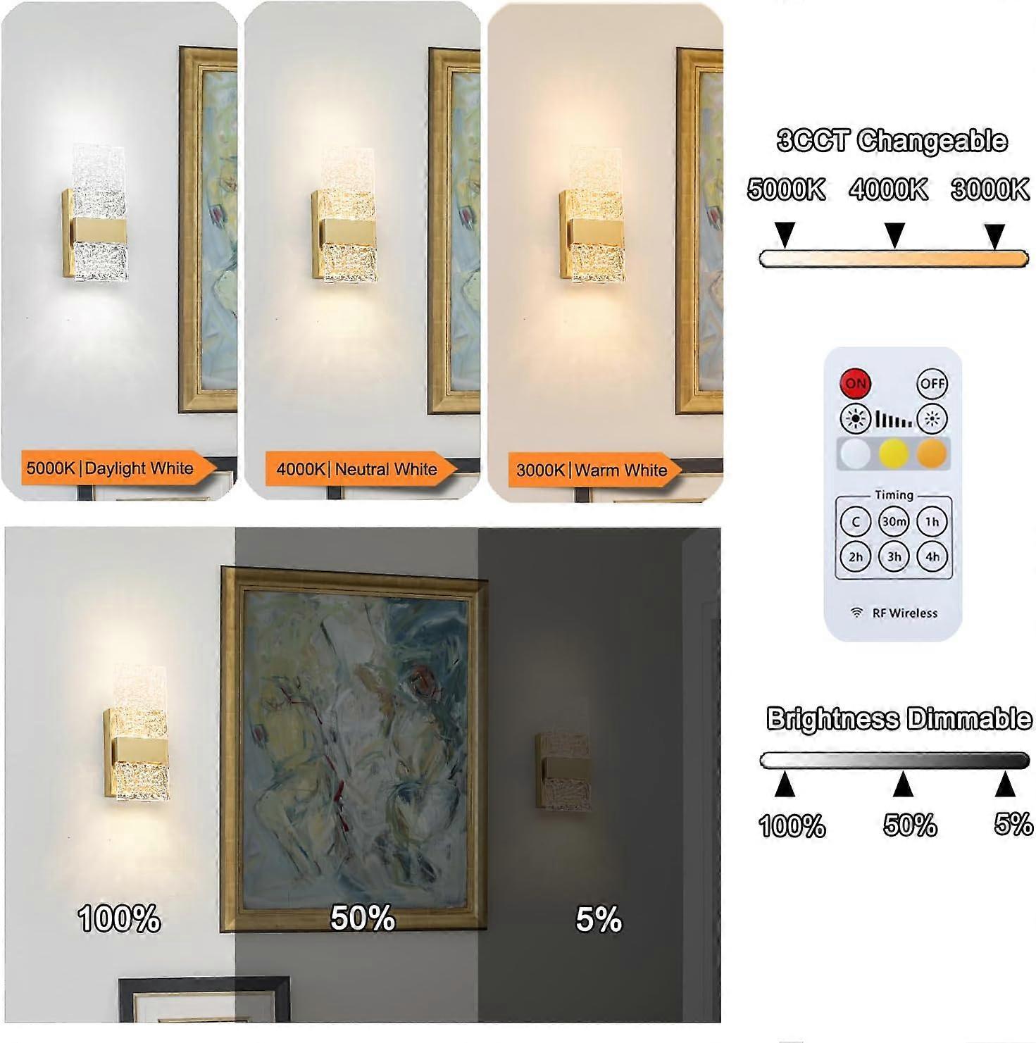 Battery Operated Wall Sconces Set of 2, Rechargeable LED Brass Gold Lights, Remote V1263-JX-5792