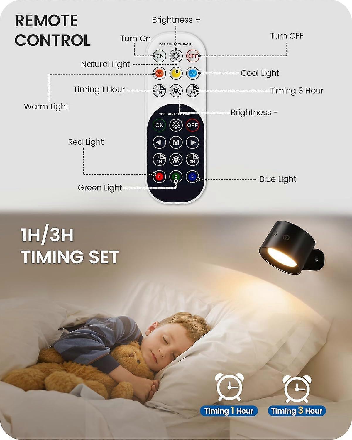 Battery Operated Wall Sconce Set of 2, Rechargeable RGB LED Lights, Remote, Black V1263-JX-5794