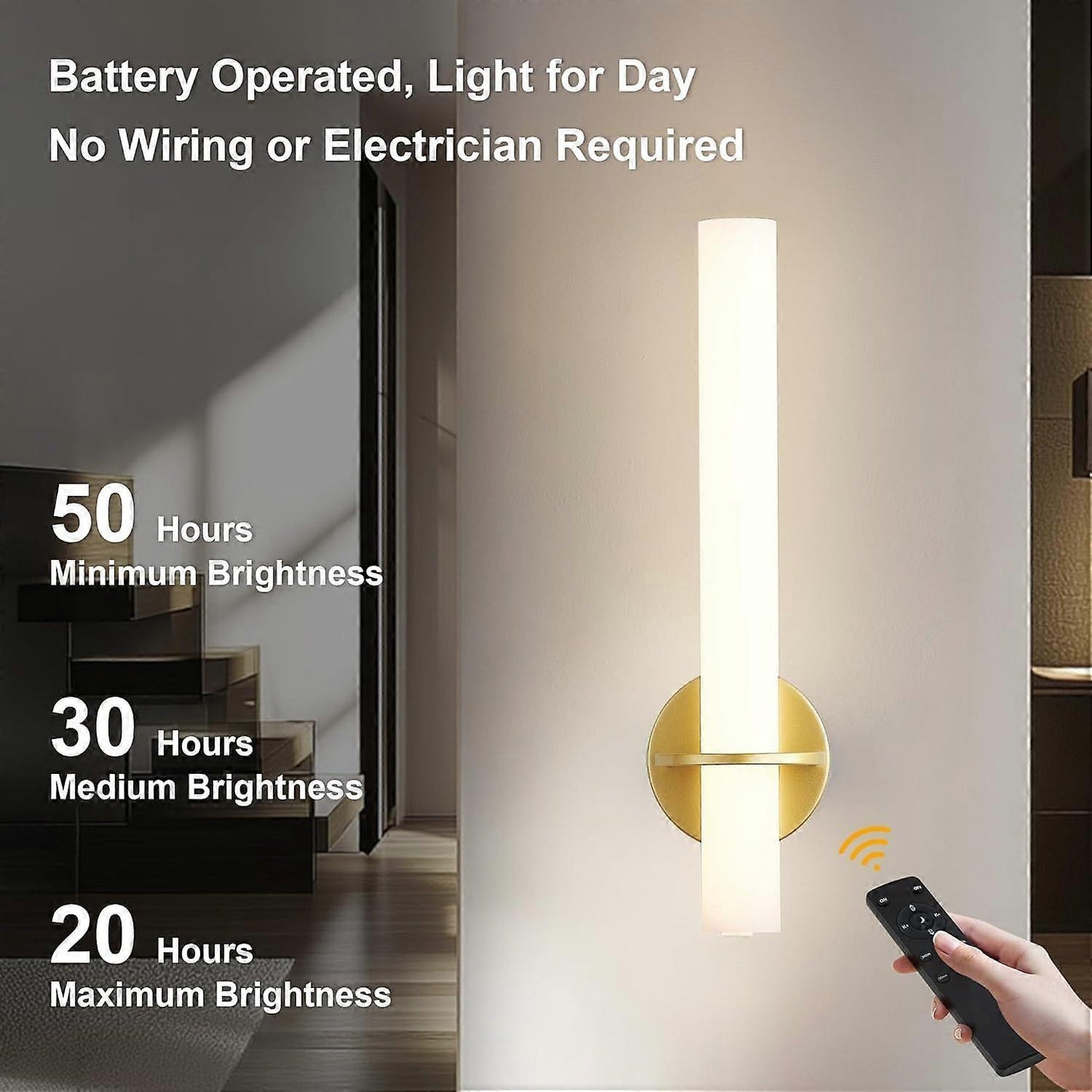 Gold Battery Operated Wall Sconce Set of 2, Rechargeable Wireless LED, Remote, Dimmable 3000K-6000K V1263-JX-5795