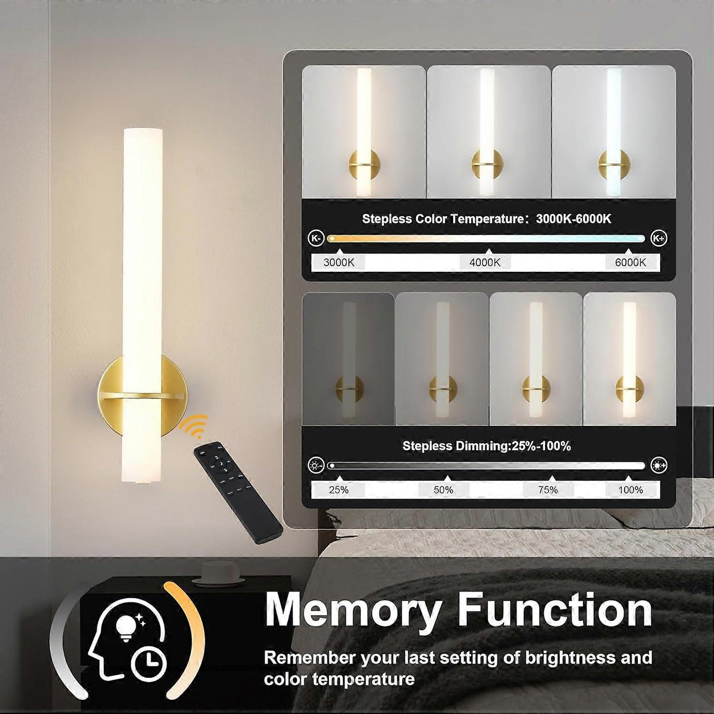 Gold Battery Operated Wall Sconce Set of 2, Rechargeable Wireless LED, Remote, Dimmable 3000K-6000K V1263-JX-5795