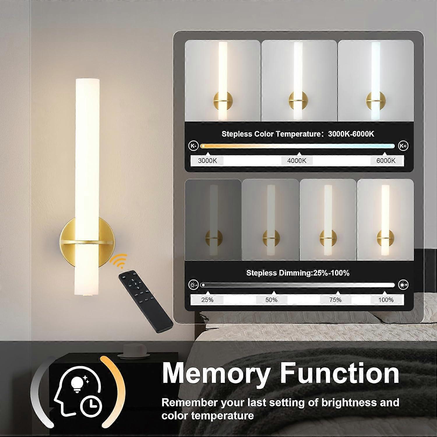 Gold Battery Operated Wall Sconce Set of 2, Rechargeable Wireless LED, Remote, Dimmable 3000K-6000K V1263-JX-5795