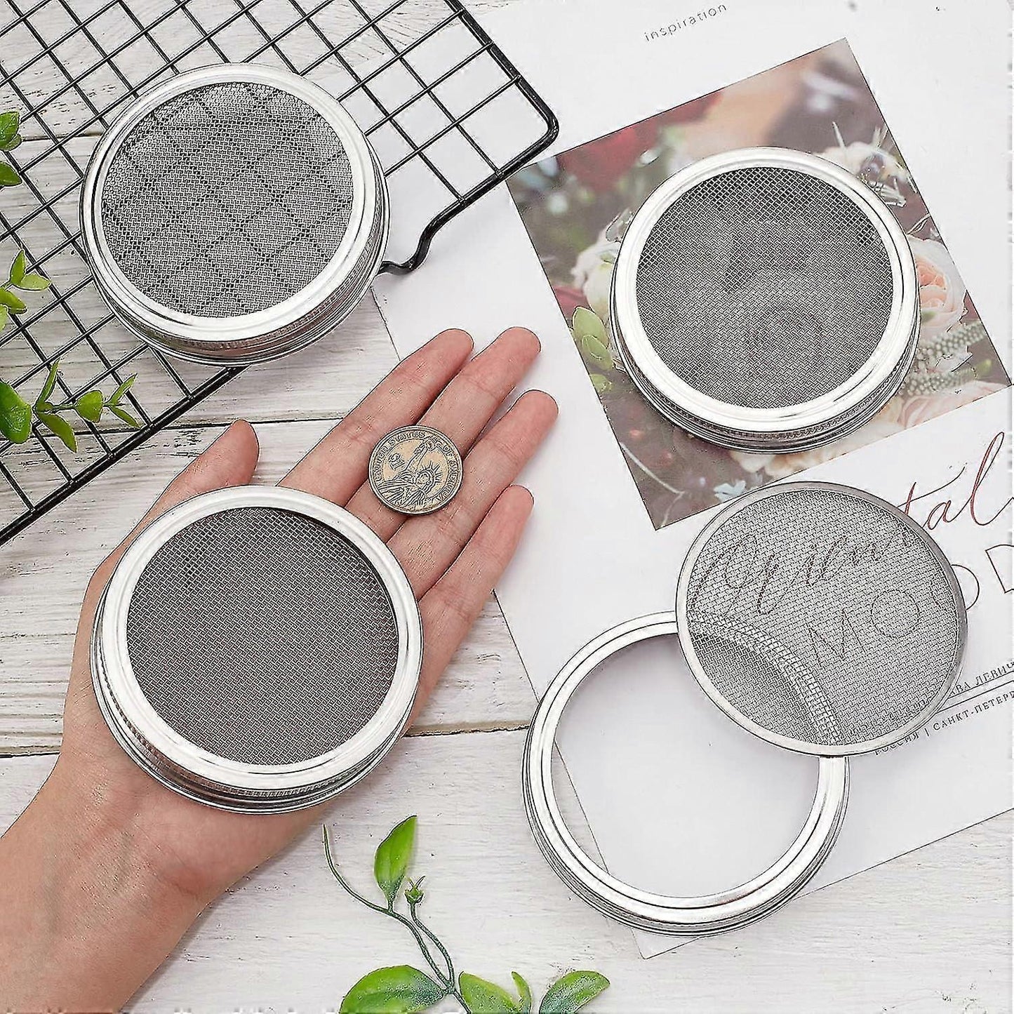 4 Sets 86mm Stainless Steel Sprouting Jar Lids Strainer Kit for Salad Seeds V1263-JX-5939