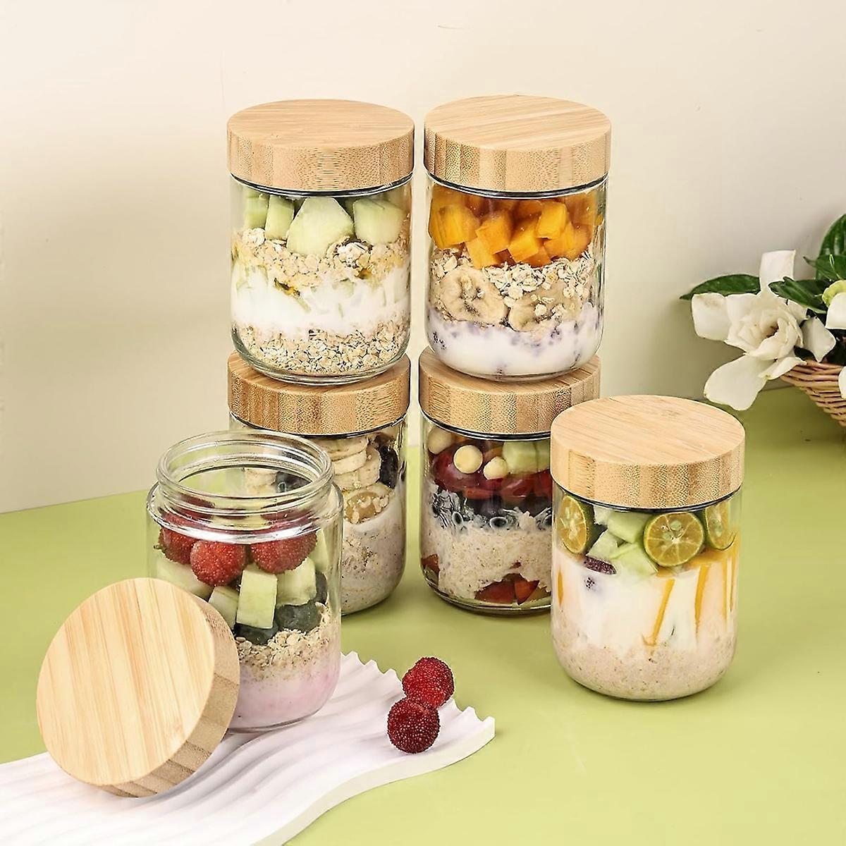 6 Pack 16oz Glass Oats Containers with Bamboo Lids Wide Mouth Salad Jars V1263-JX-5945