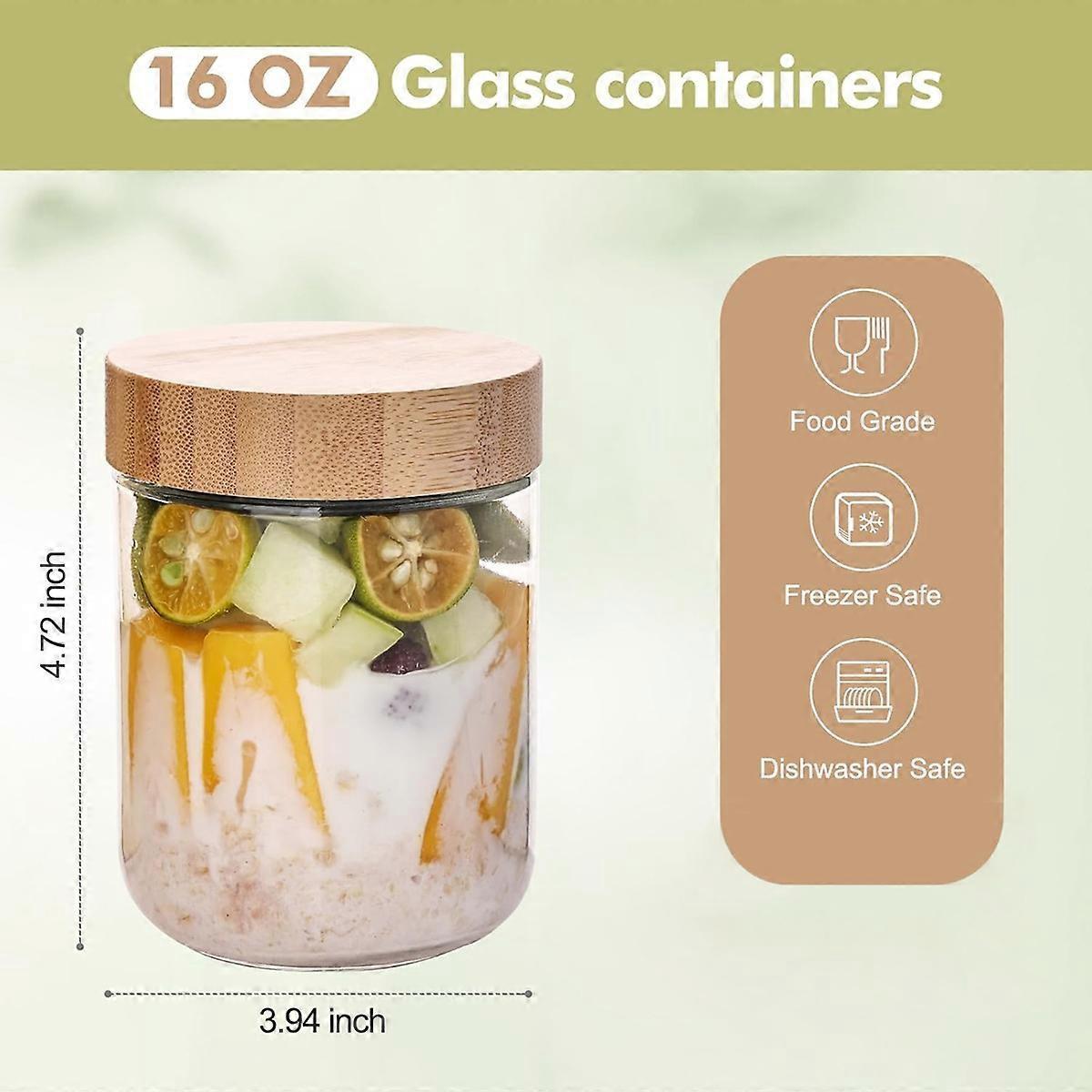 6 Pack 16oz Glass Oats Containers with Bamboo Lids Wide Mouth Salad Jars V1263-JX-5945