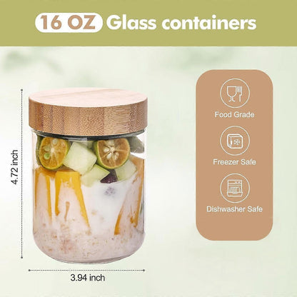 6 Pack 16oz Glass Oats Containers with Bamboo Lids Wide Mouth Salad Jars V1263-JX-5945