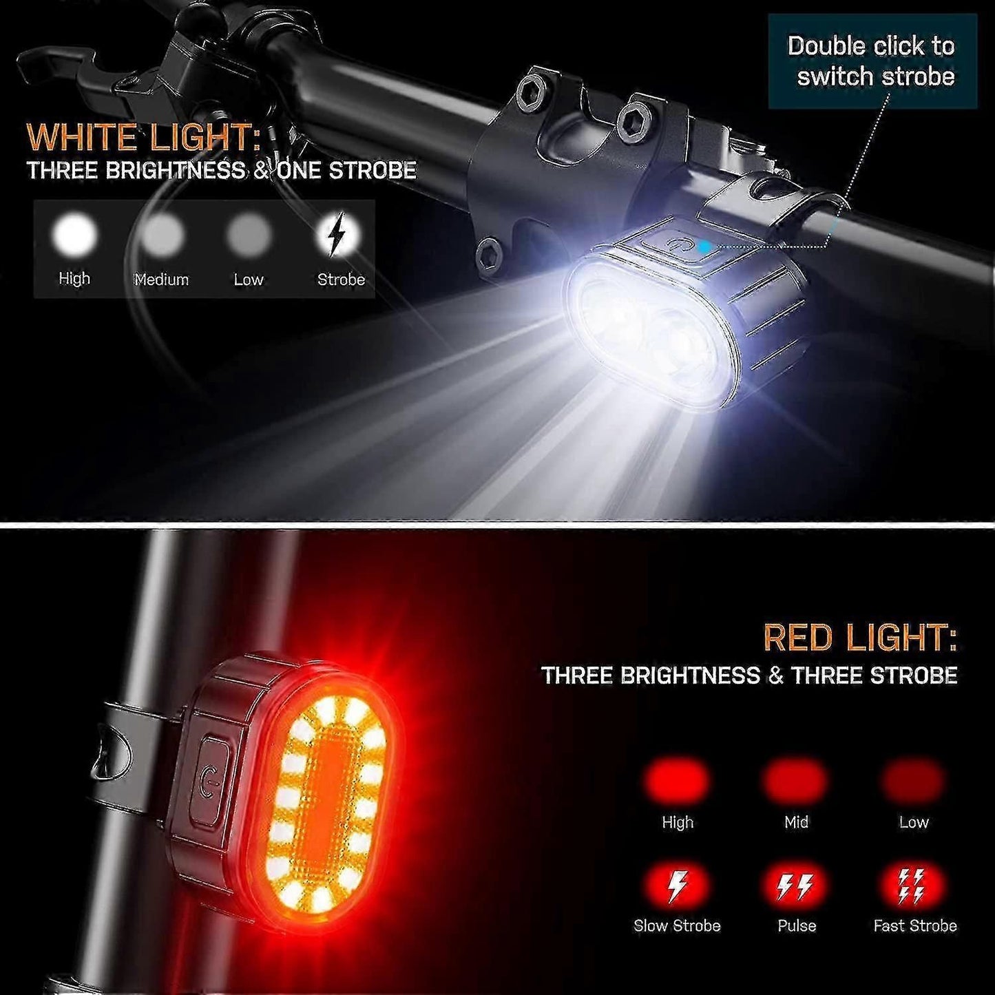 Powerful LED Bike Light Set - IPX5 Waterproof, USB Rechargeable, Front & Rear V1263-JX-6022